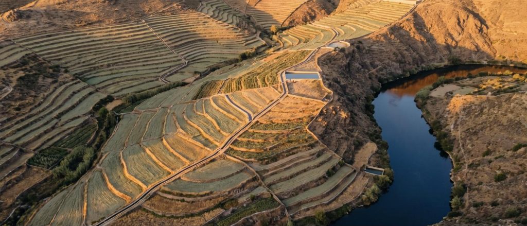 Terraced fields above a river gorge — aerial view